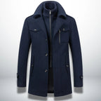 Men's navy zip jacket with stand collar, snap flap pockets, and button front details