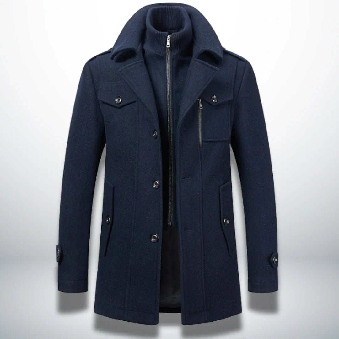 Men's navy zip jacket with stand collar, snap flap pockets, and button front details