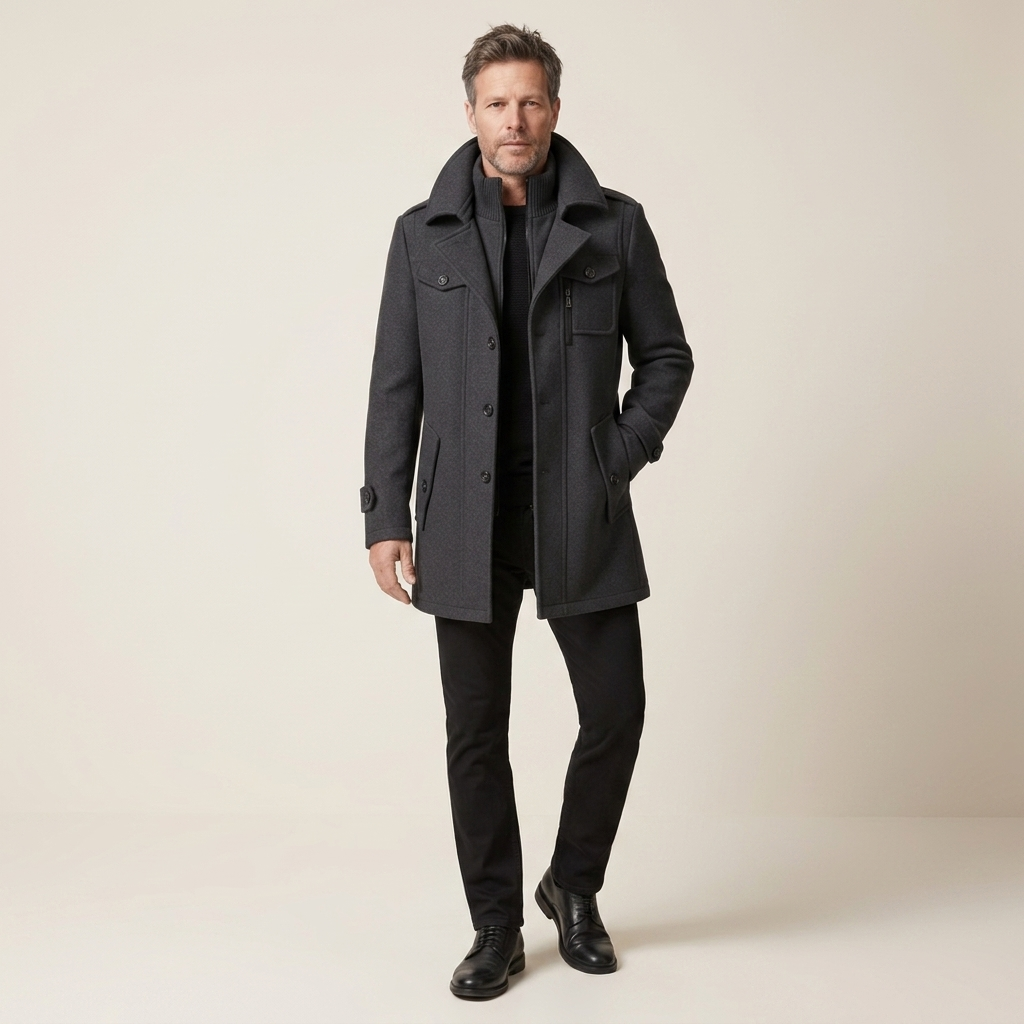 Men's dark grey tailored jacket with button front, flap pockets, and stand collar