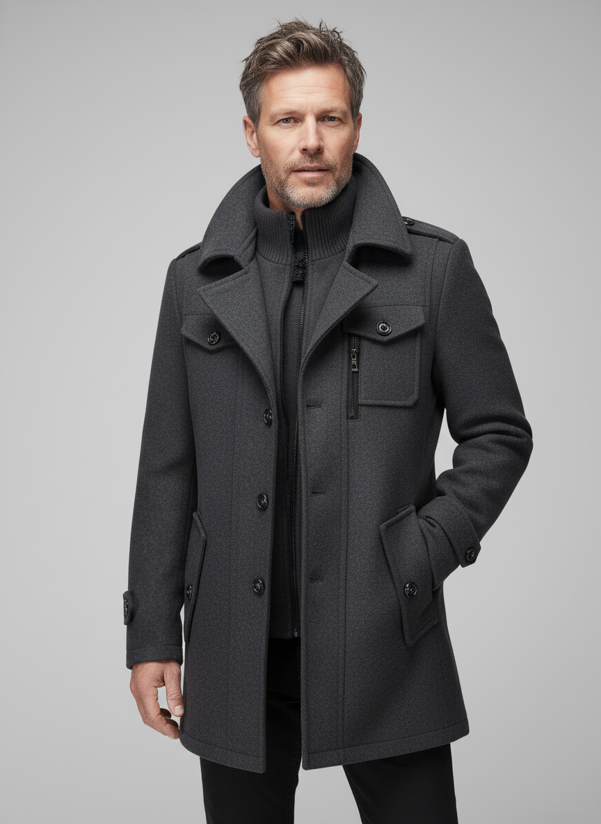 Men's gray zip jacket with stand collar, snap flap pockets, and long sleeves