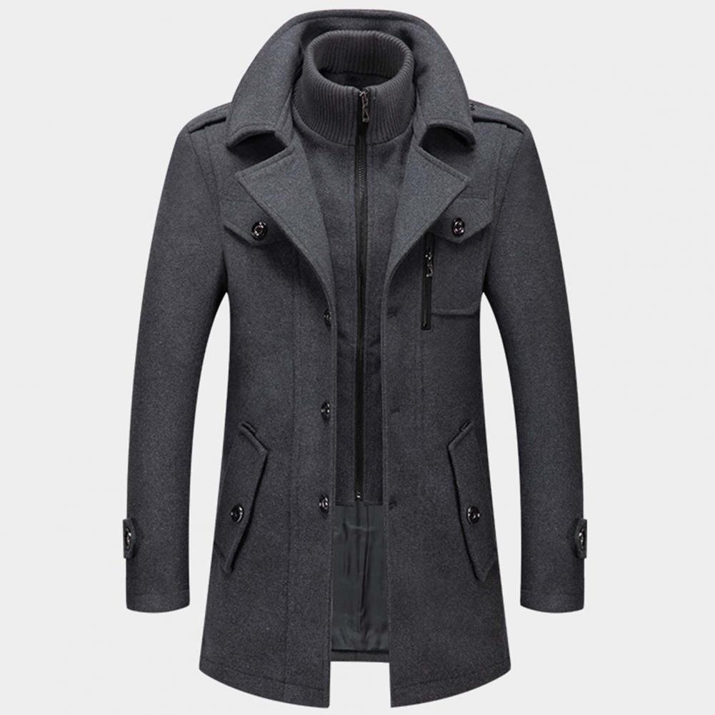 Men's dark gray zip jacket with stand collar, snap flap pockets, and front zipper