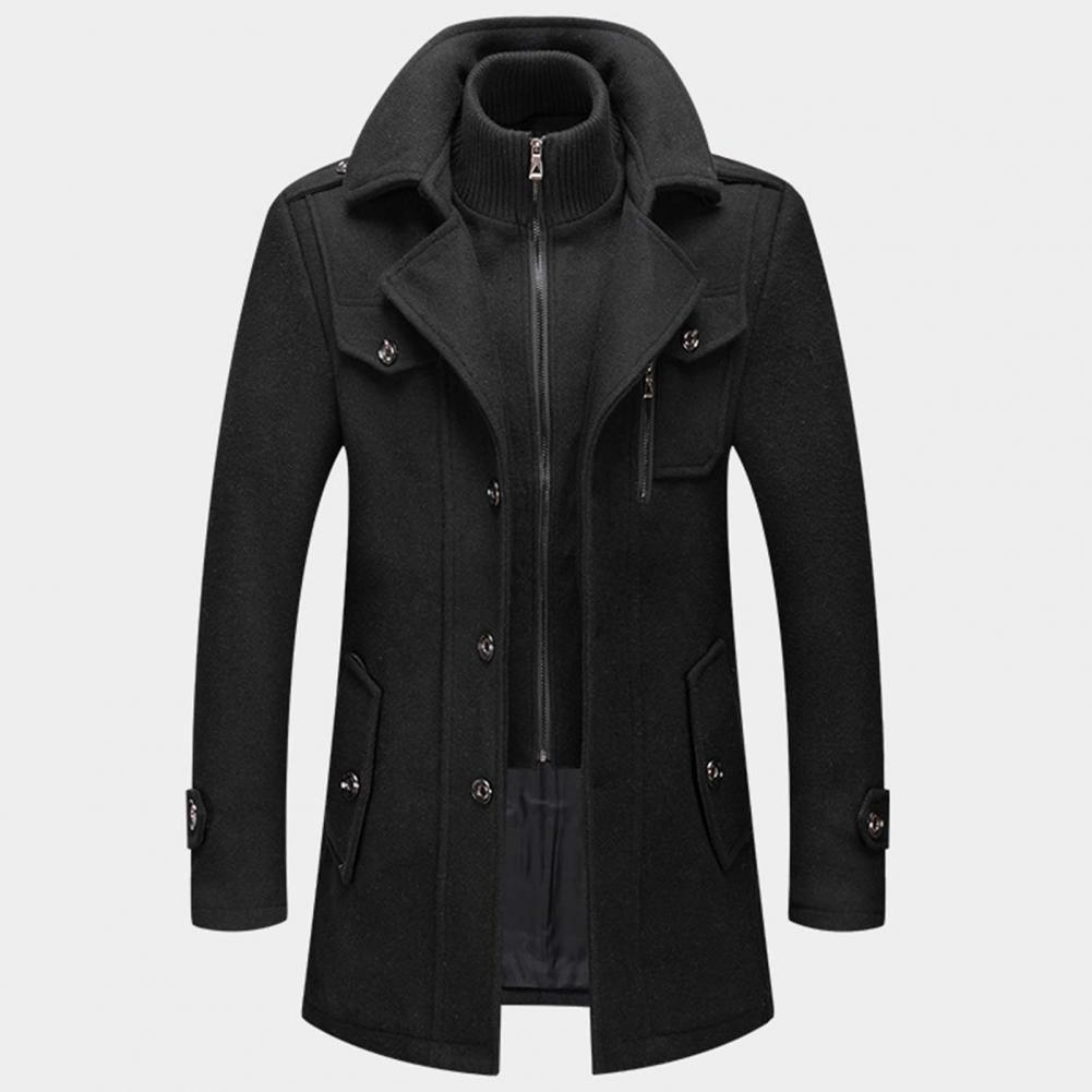 Men's black zip jacket with stand collar, flap pockets, and snap-button front