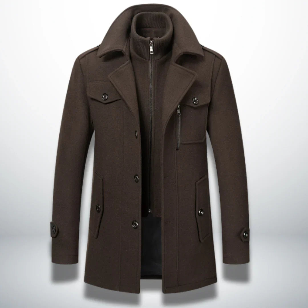 Men's brown zip jacket with stand collar, snap flap pockets, and front zip closure