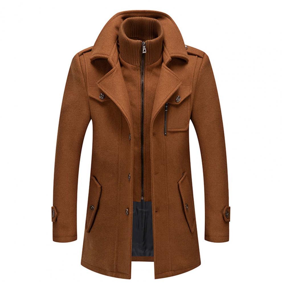 Men's tan-brown zip jacket with stand collar, snap flap pockets, and front zipper