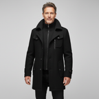 Men's black zip jacket with stand collar, flap pockets, and visible zipper front