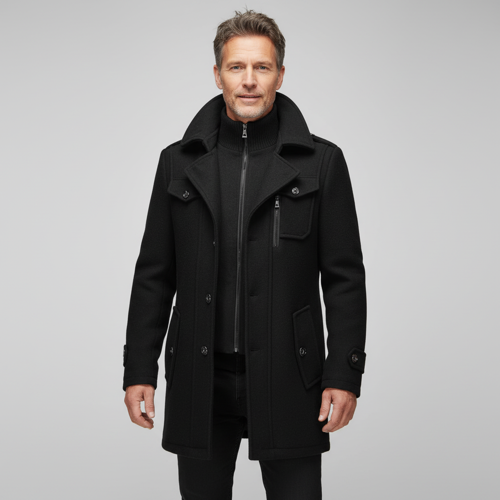 Men's black zip jacket with stand collar, flap pockets, and visible zipper front