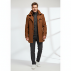 Men's brown zip jacket on model with stand collar and snap flap pockets
