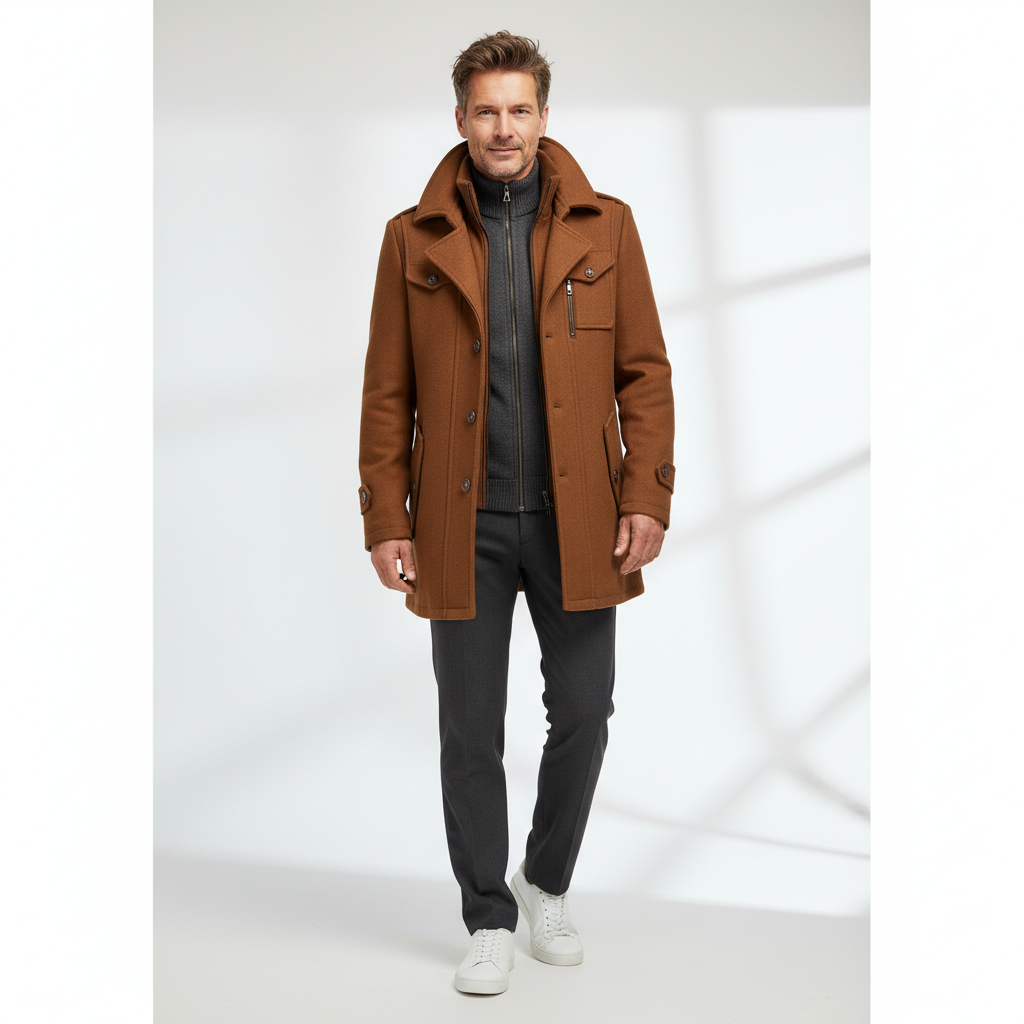 Men's brown zip jacket on model with stand collar and snap flap pockets