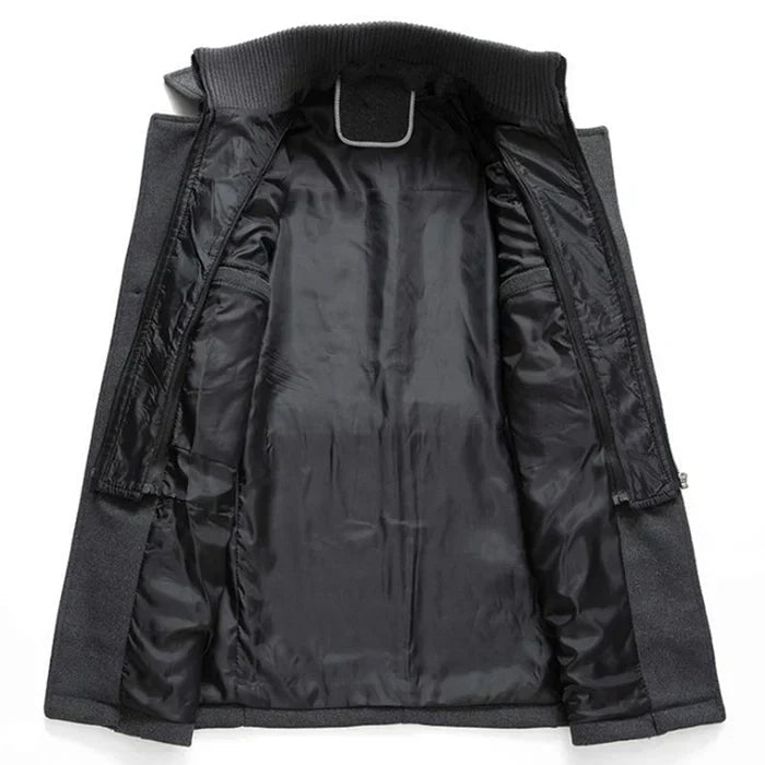 Men's jacket interior lining with ribbed collar edge and front zip opening