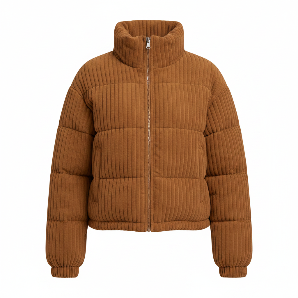 Brown women's ribbed short puffer jacket with high neck, zip front, ribbed cuffs