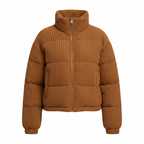Brown women's ribbed short puffer jacket with high neck, zip front, ribbed cuffs