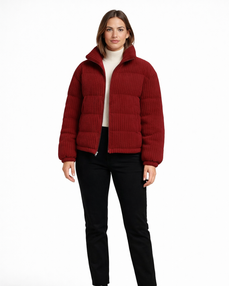 Dark red women's ribbed short puffer jacket with high neck and zip front