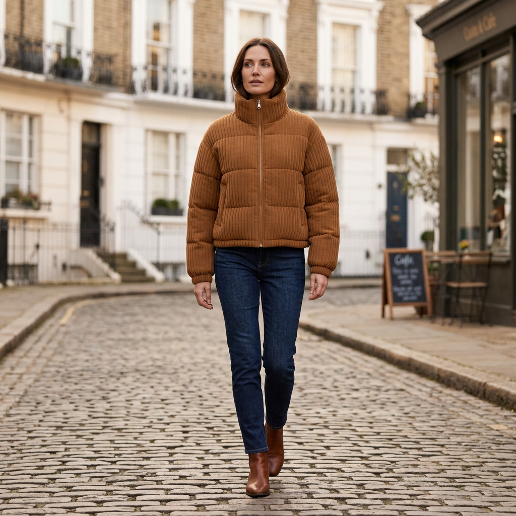 Women's brown ribbed quilted short down jacket, high neck, full-zip, padded knit cuffs