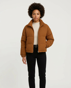 Brown women's ribbed short puffer jacket with high neck and zip front, padded quilting