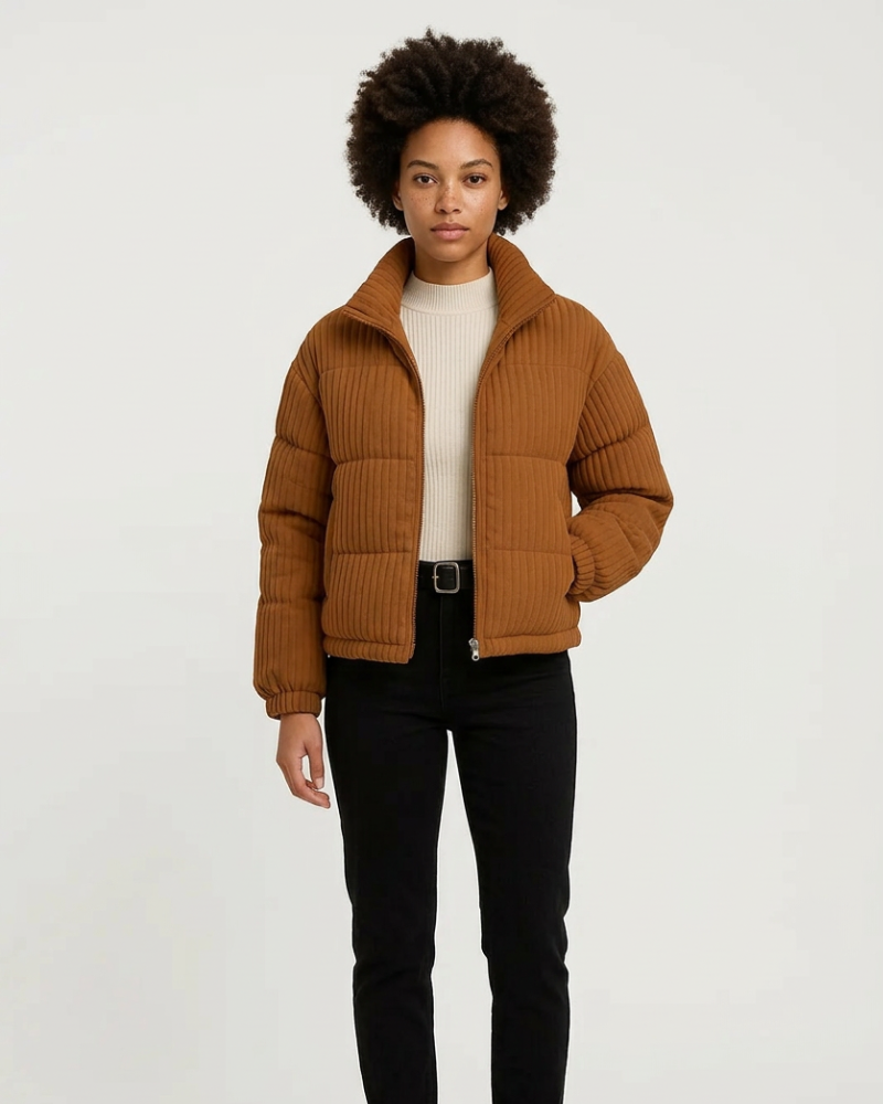 Brown women's ribbed short puffer jacket with high neck and zip front, padded quilting
