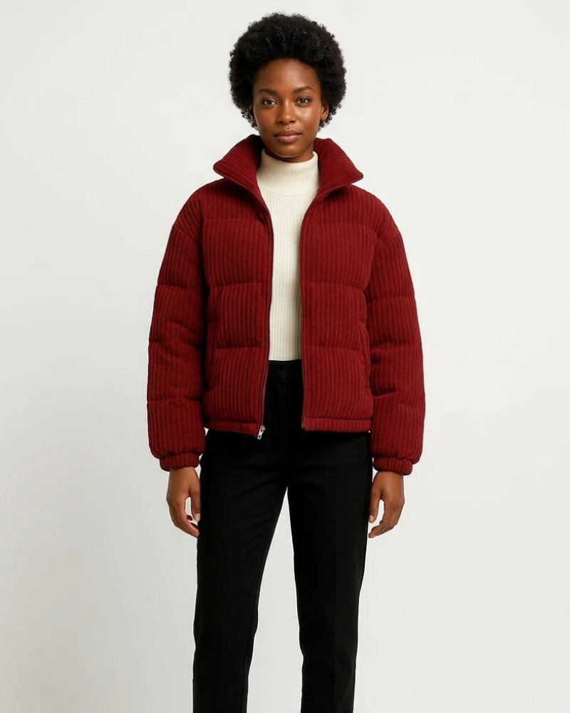 Dark red women's ribbed short puffer jacket with high neck, padded quilted panels