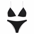 Black triangle bikini set with white-trim halter top and high-cut bottoms