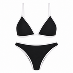 Black triangle bikini set with white-trim halter top and high-cut bottoms