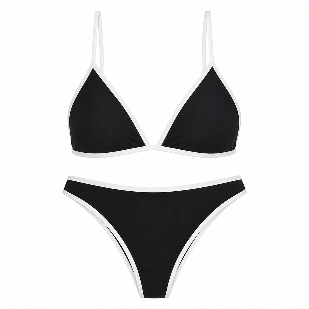 Black triangle bikini set with white-trim halter top and high-cut bottoms