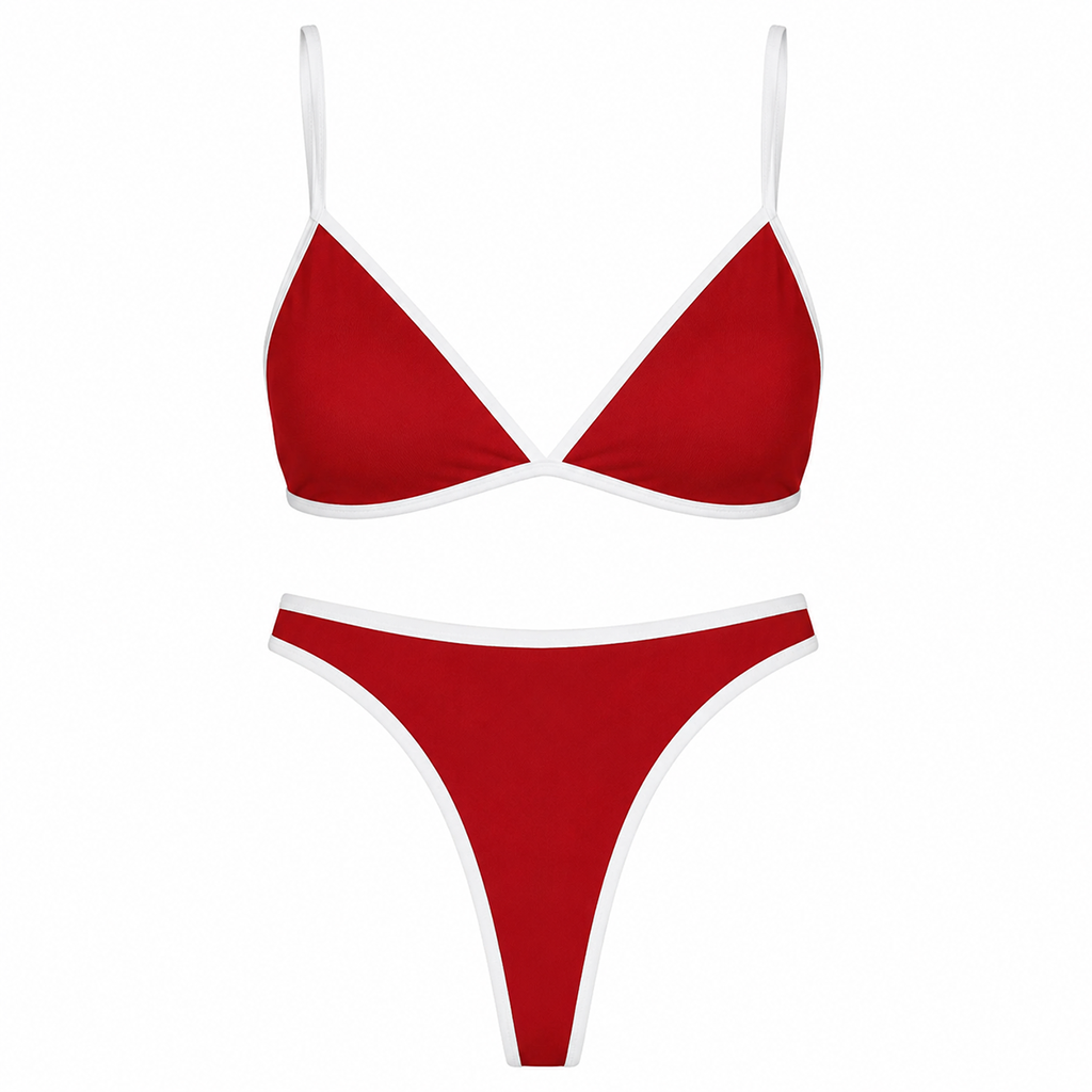 Red triangle bikini set with white-trim halter top and high-cut bottoms