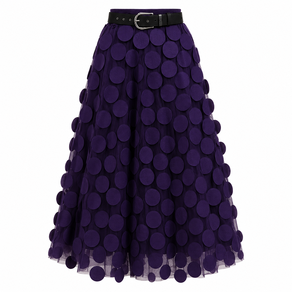 Women's midi A-line skirt, purple with circle pattern and elastic waist belt
