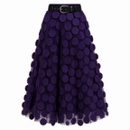 Women's midi A-line skirt, purple with circle pattern and elastic waist belt