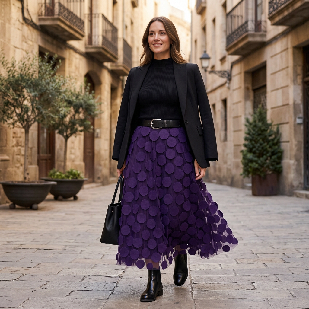 Women's purple midi A-line skirt with layered circle appliques and black belt