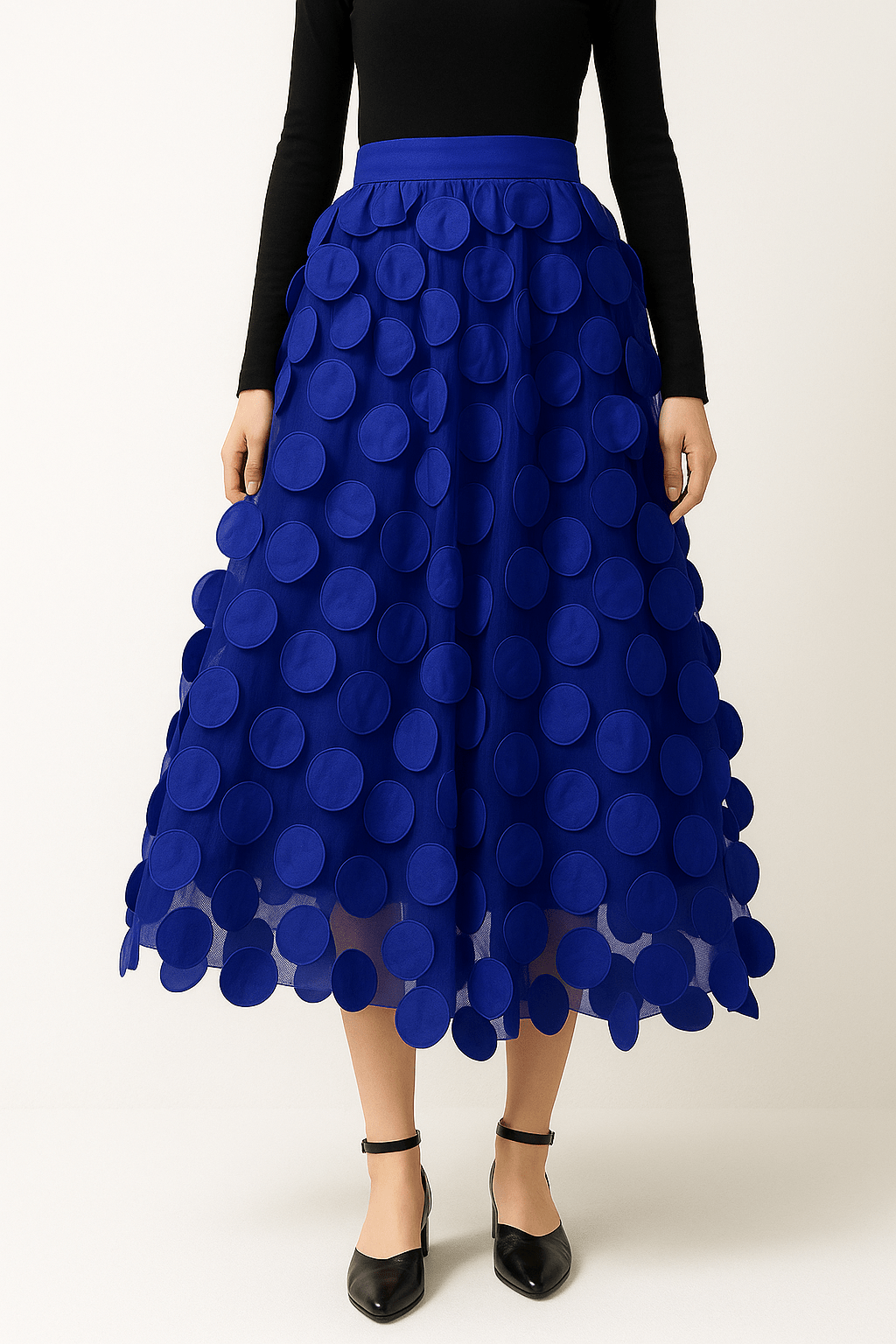 Women's blue midi A-line skirt with round-pattern texture and ruffled hem