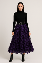 Women’s midi A-line skirt in purple with large circular 3D dots and belted waist