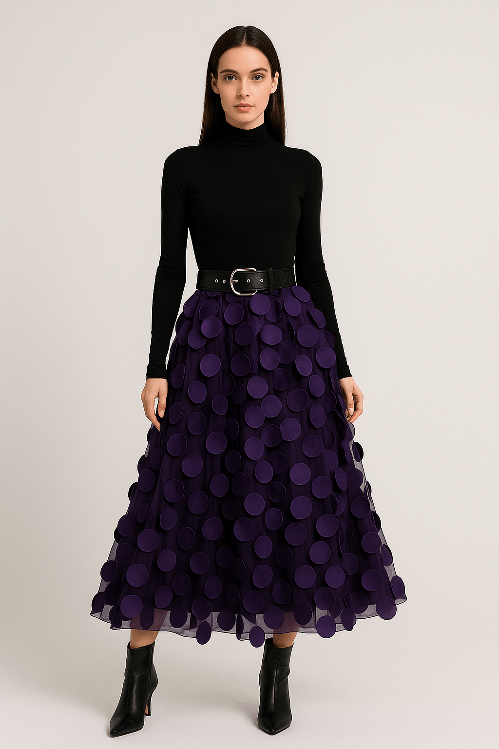 Women’s midi A-line skirt in purple with large circular 3D dots and belted waist