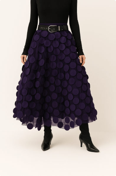 Women’s midi A-line skirt in purple with large circular 3D dots, tiered hem