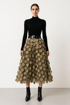 Women’s midi A-line skirt in khaki with large circular 3D dots and belted waist