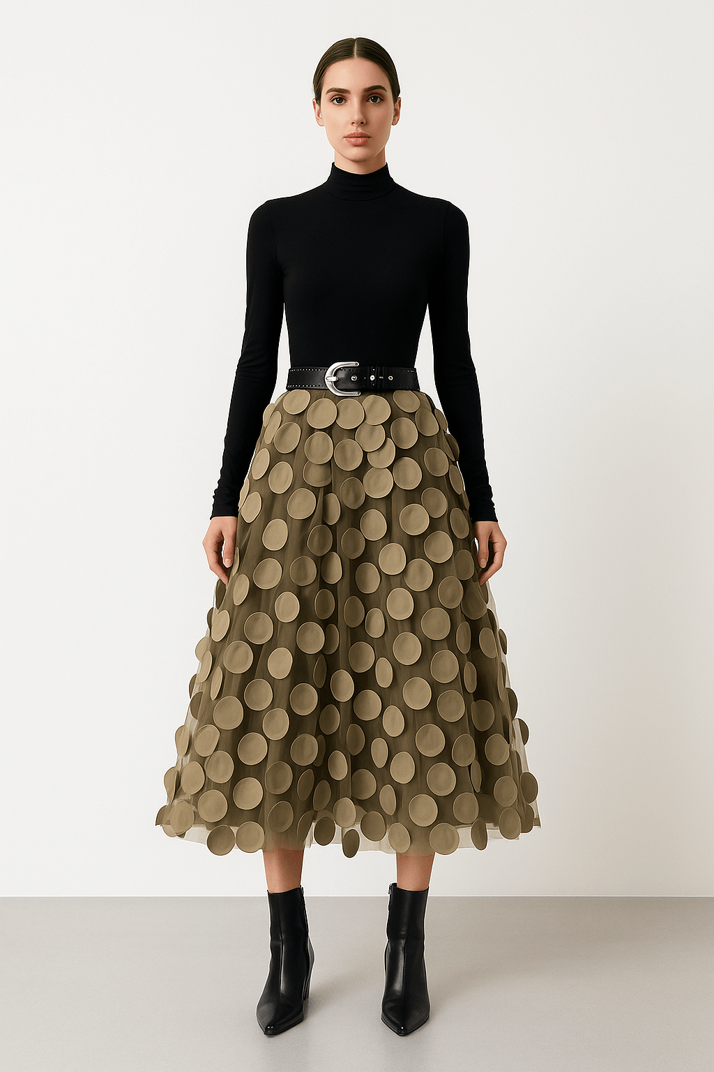Women’s midi A-line skirt in khaki with large circular 3D dots and belted waist