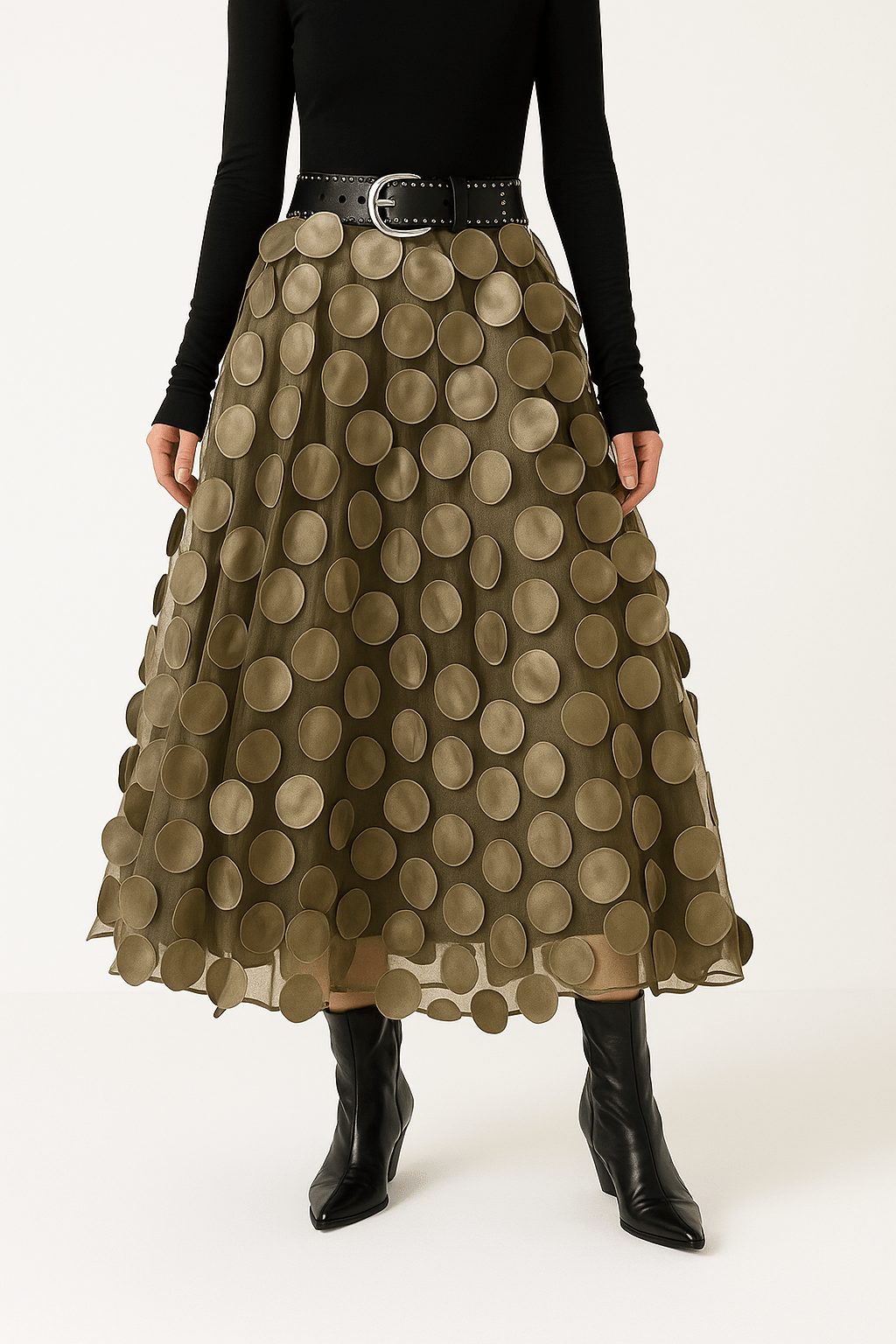 Women’s midi A-line skirt in khaki with large circular 3D dots, flared tiered hem