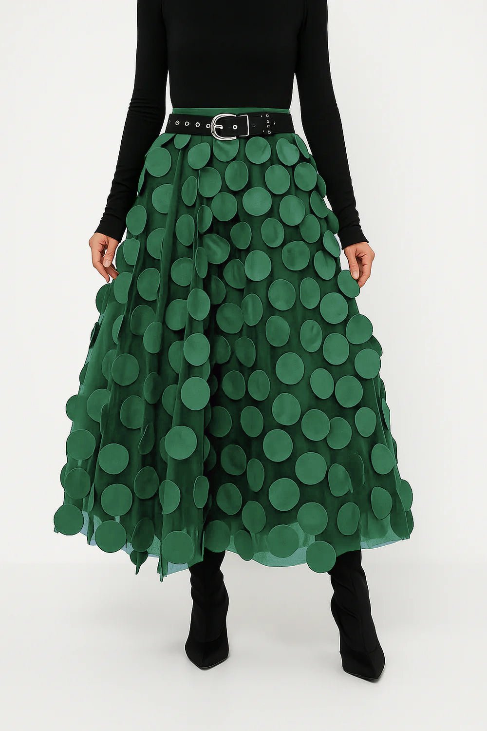 Women’s midi A-line skirt in dark green with large circular 3D dots and belted waist