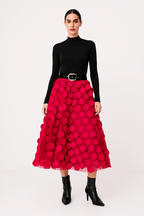 Women’s midi A-line skirt in red with large circular 3D dots and belted waist