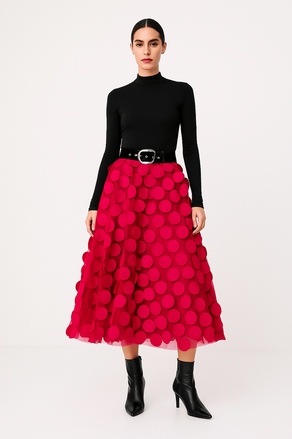Women’s midi A-line skirt in red with large circular 3D dots and belted waist