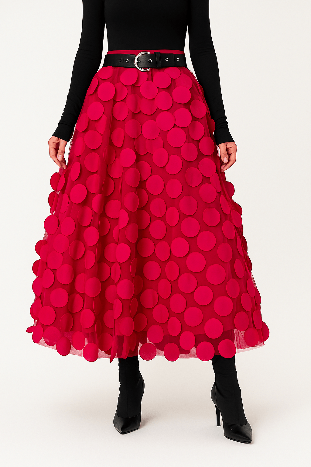 Women’s midi A-line skirt in red with large circular 3D dots and flared tiered hem