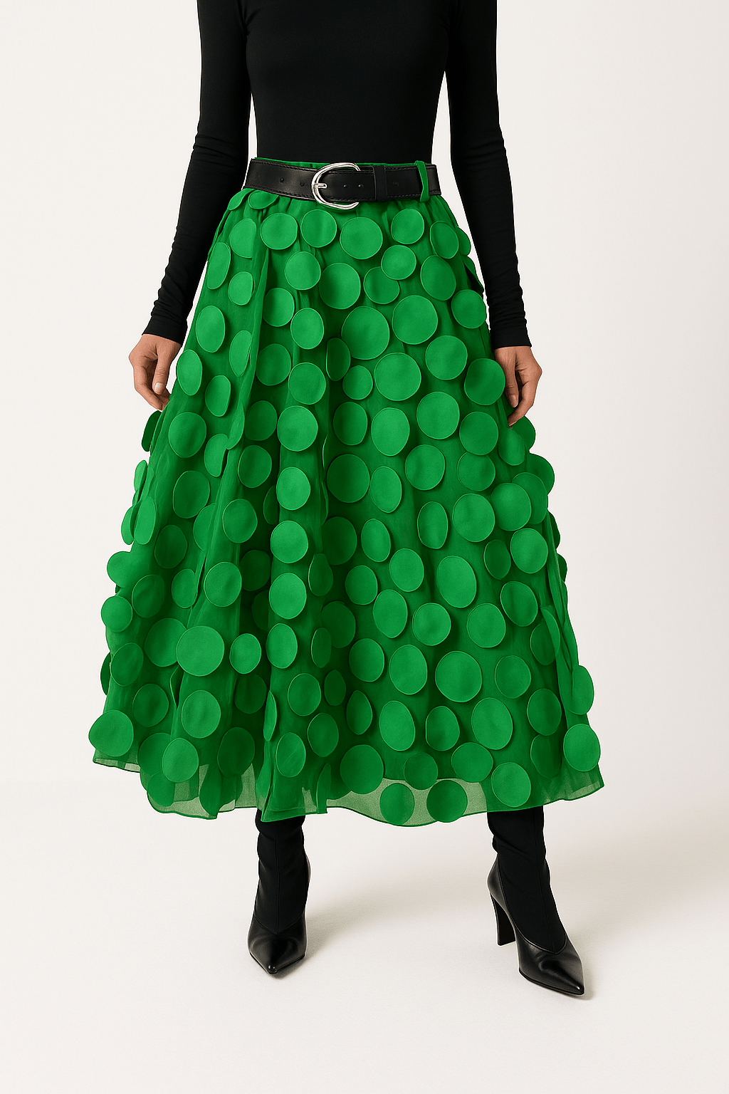 Women’s midi A-line skirt in green with large circular 3D dots and belted waist