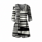 Black-and-white striped V-neck tunic blouse with three-quarter sleeves