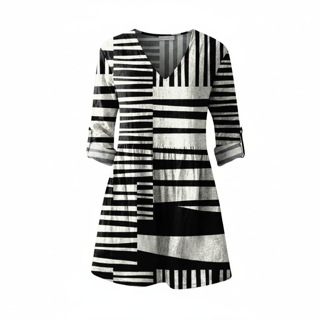 Black-and-white striped V-neck tunic blouse with three-quarter sleeves