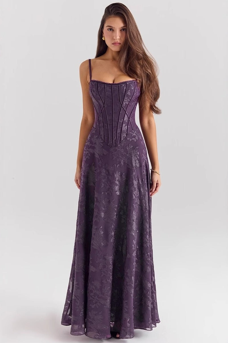 Purple floral chiffon maxi dress with spaghetti straps and fitted corset-style bodice