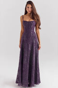 Purple floral chiffon maxi dress with spaghetti straps and fitted corset-style bodice