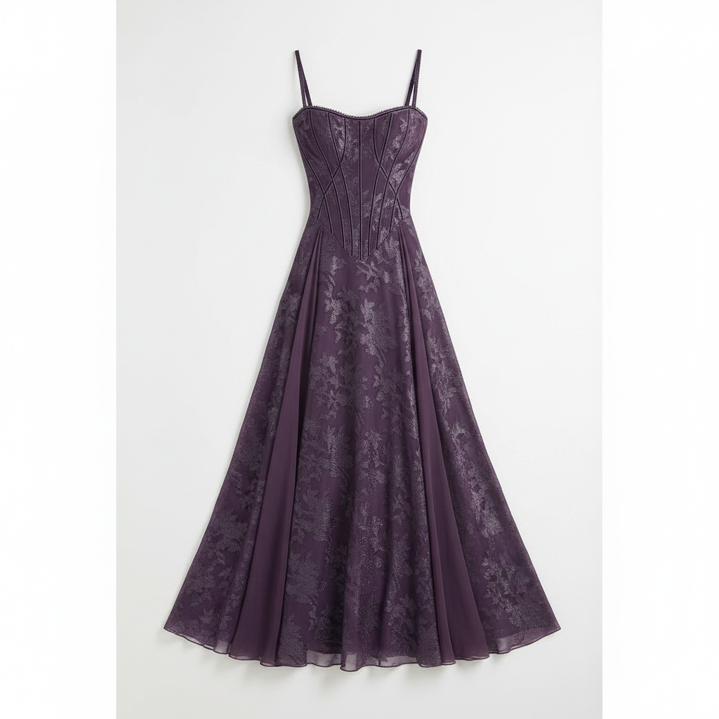 Purple floral chiffon maxi dress with spaghetti straps and corset bodice, full skirt