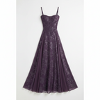 Purple floral chiffon maxi dress with spaghetti straps and corset bodice, full skirt