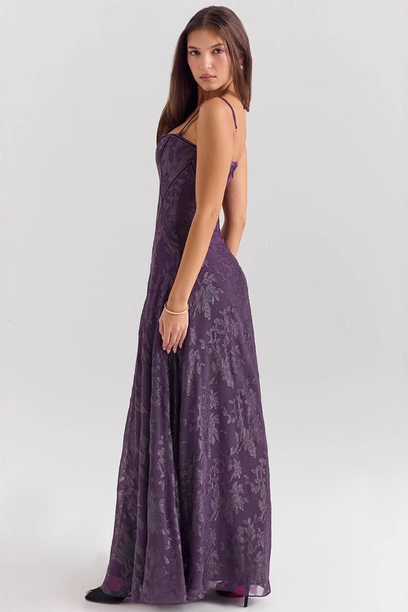 Purple floral chiffon maxi dress, side view with spaghetti straps and gathered skirt
