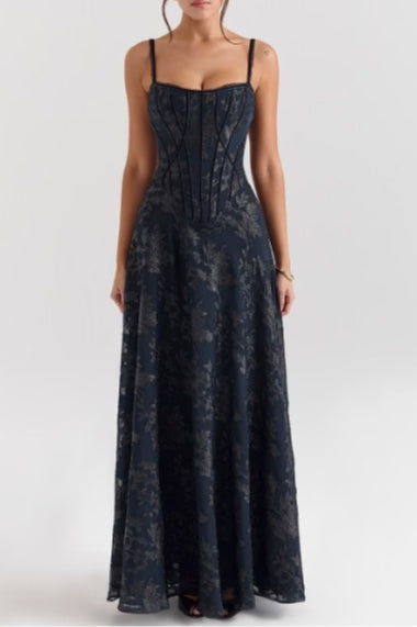 Black floral chiffon maxi dress with spaghetti straps and corset-style bodice