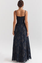 Black floral chiffon maxi dress back view with thin spaghetti straps and corset detailing