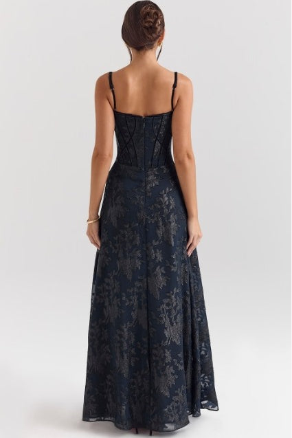Black floral chiffon maxi dress back view with thin spaghetti straps and corset detailing