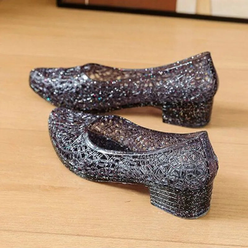 Silver glitter slip-on pumps with block heel and pointed toe